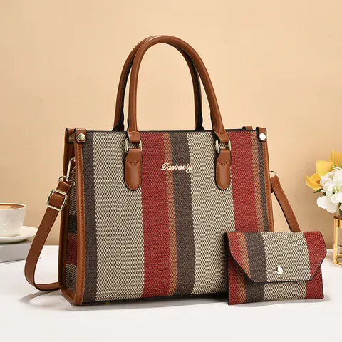 Women Tote Bag And Wallet Vertical Stripe Woven Canvas Handbag Large Capacity Commuter PU Leather Retro Stylish Trendy Bag