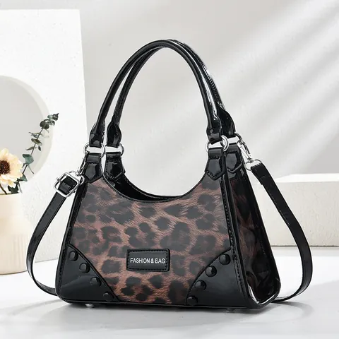 Damen Leopardenmuster PU Leder Handtasche Mode Niete Umhängetasche Mit Verstellbarem Schultergurt Elegante Schultertasche