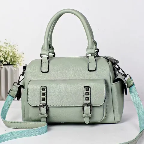 Women Litchi Pattern Boston Bag Large Capacity Rivet Decor PU Leather Handbag Fashion Shoulder Crossbody Bag Commuter Travel Bag