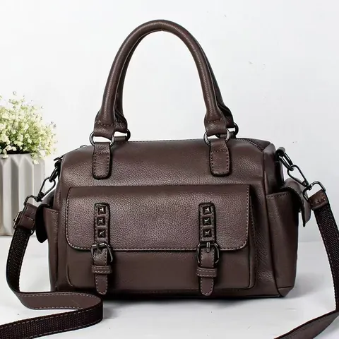 Women Litchi Grain PU Leather Boston Handbag With Wide Strap Rivet Decoration Crossbody Shoulder Purse Commute