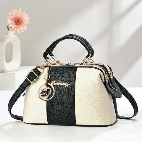 Μοντέρνα Γυναικεία Τσάντα Χειρός Color Blocking Lychee Texture PU Δερμάτινη Τσάντα Ώμου Μεγάλης Χωρητικότητας Με Μενταγιόν