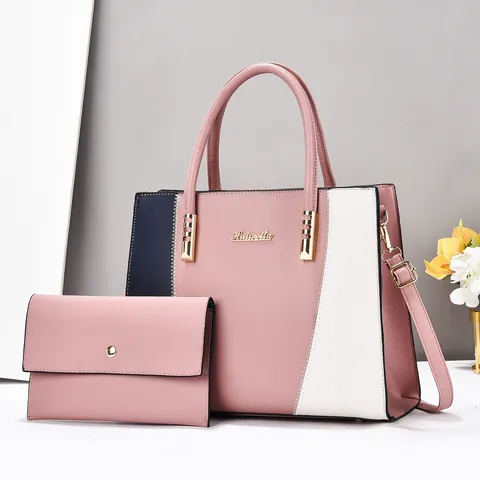 Sac À Main Et Portefeuille Femme Bloc De Couleur Similicuir Patchwork Grand Cabas Avec Ferrures Dorées Bandoulière