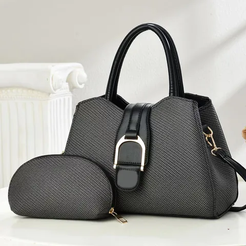 Women Elegant PU Leather Handbag And Round Pouch Twill Texture Gold Hardware Detachable Strap Daily Commute Shoulder Bag