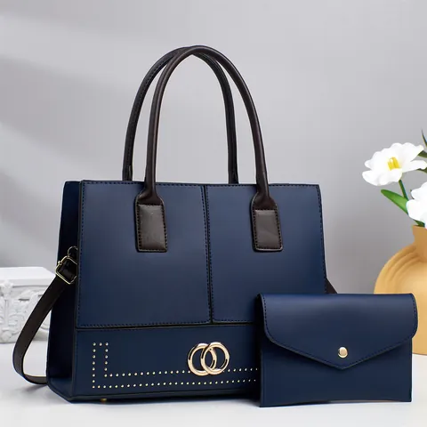 Women's Minimalist PU Leather Tote Bag And Envelope Clutch Large Capacity Shoulder Handbag With Metal Double Ring Buckle Rivet