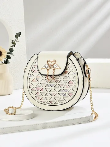 Mode Damen Runde Umhängetasche PU Leder Hohl Geometrisches Design Kette Schultertasche Schwan Schnalle Kleine Handtasche