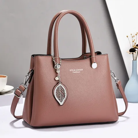 Women PU Leather Tote Bag with Leaf Artificial Pearl Pendant Commuter Shoulder Crossbody Bag Handbag for Mother's Day Gift