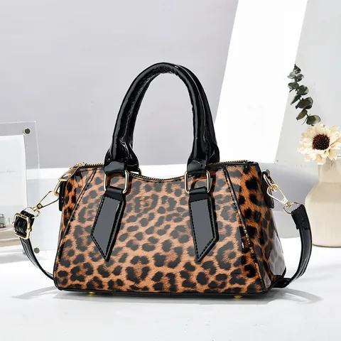 Damen Leopardenmuster PU Lackleder Tote Handtasche Mode Glänzend Umhängetasche Mit Goldener Hardware Und Verstellbarem Riemen