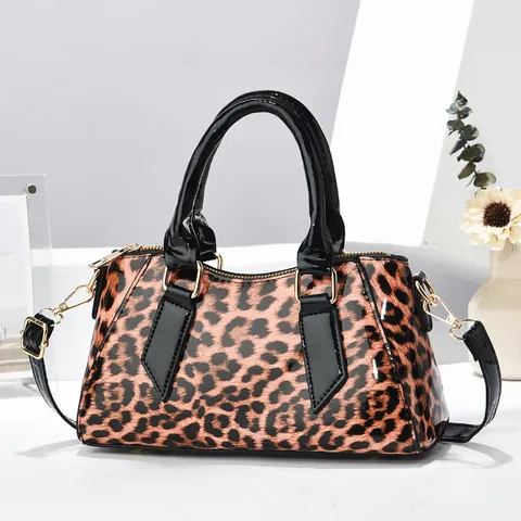 Damen Leopardenmuster PU Lackleder Tote Handtasche Mode Glänzend Umhängetasche Mit Goldener Hardware Und Verstellbarem Riemen