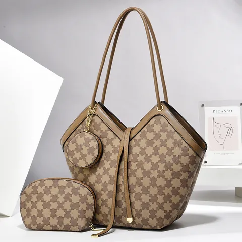 Women PU Leather Tote Bag Set With Clutch And Coin Purse Heart Checkerboard Pattern Large Capacity Retro Commuter Shoulder Bag