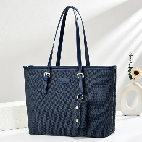 Women Large Capacity Tote Bag Woven Texture PU Leather Shoulder Handbag With Small Pouch Casual Commuter Office Daily Bag