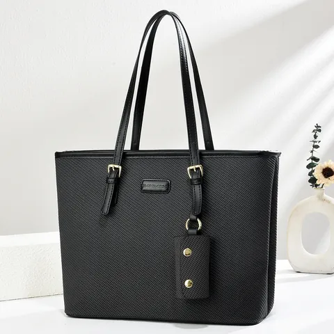 Women Large Capacity Tote Bag Woven Texture PU Leather Shoulder Handbag With Small Pouch Casual Commuter Office Daily Bag