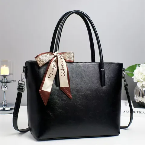 Women Large Capacity PU Leather Tote Bag With Satin Scarf Elegant Shoulder Handbag For Work Daily Minimalist Handbag