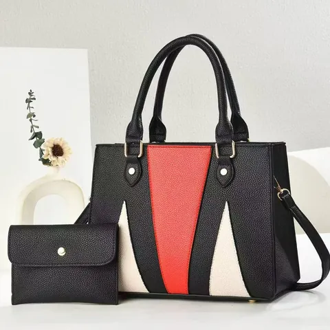 Ensemble de Sacs à Main Géométriques Color Block Grande Capacité Motif Litchi Cuir PU Sac à Bandoulière Élégant Pour Femme