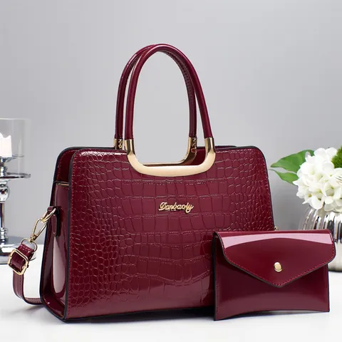 Crocodile Pattern Patent PU Leather Handbag And Pouch Elegant Top Handle Crossbody Shoulder Bag For Women