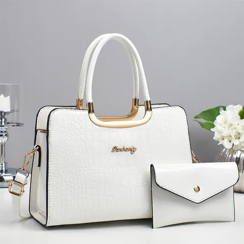 Ensemble Sac à Main et Pochette Enveloppe pour Femme en Cuir PU Brillant Imprimé Crocodile Élégant Sac à Épaule avec Poignée en Métal pour Usage Quotidien