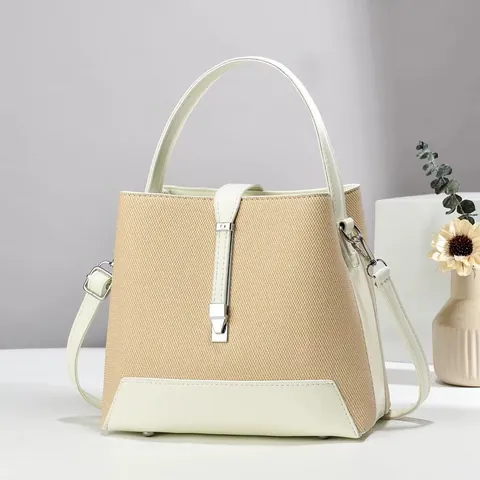 Damen Stilvolle PU Leder Stoff Patchwork Eimertasche Mode Handtasche Umhängetasche Mit Metallschnalle Verstellbarem Gurt