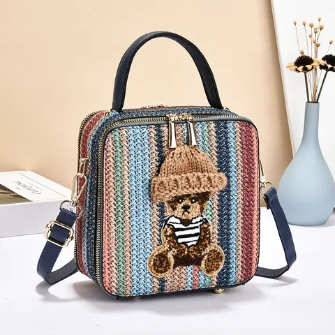 Women Fashion PU Leather Square Bag Cartoon Bear Ornament Rivet Print Stripe Shoulder Crossbody Bag Handbag