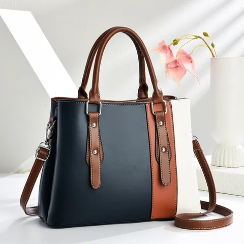 Women Stitched Tote Bag PU Leather Colorblock Handbag Large Capacity Shoulder Bag Office Commuting Daily Fashion Satchel