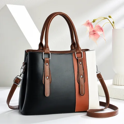 Women Stitched Tote Bag PU Leather Colorblock Handbag Large Capacity Shoulder Bag Office Commuting Daily Fashion Satchel