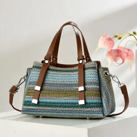 Damen Strohgeflecht Gestreifte Tote Bag Mit PU Leder Griff Sommer Casual Strand Urlaub Einzelschultertasche Große Handtasche