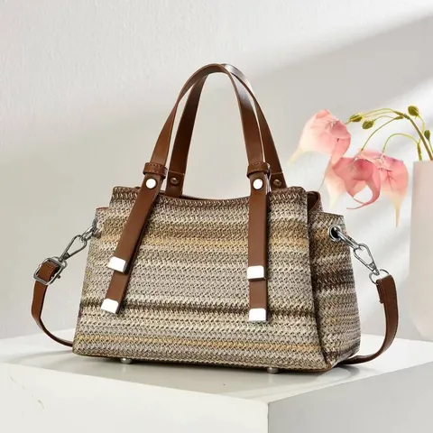 Damen Strohgeflecht Gestreifte Tote Bag Mit PU Leder Griff Sommer Casual Strand Urlaub Einzelschultertasche Große Handtasche