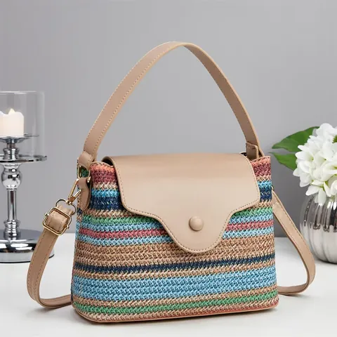 Sac À Main En Paille À Rayures Colorées Épissure Cuir PU Sac Bandoulière Tissé Sacoche Vacances Plage Chic Pour Femmes