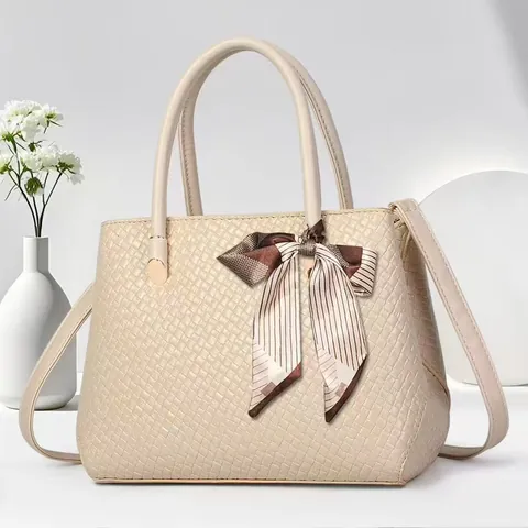 Women's PU Leather Handbag With Weave Texture And Decorative Scarf Bow Chic Top Handle Bag Crossbody Shoulder Purse For Ladies