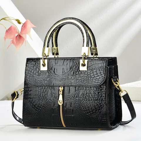 Sac à Main Femme Motif Crocodile en Cuir PU Élégant Grande Capacité Sac Bandoulière Poignée en Métal Sac Fourre-tout Simple