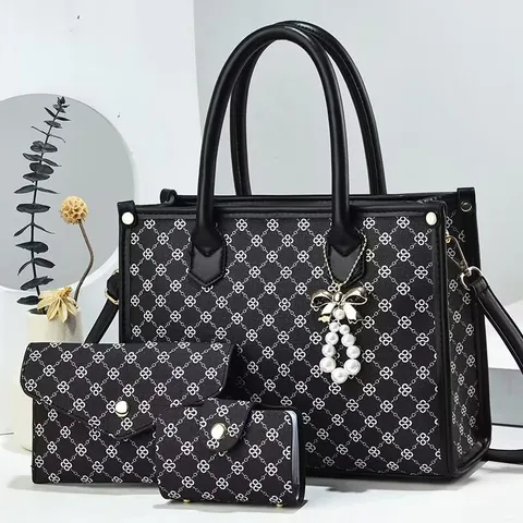 Damen PU Leder Blumen Monogramm Tragetasche Und Handtasche Und Kartenhalter Mit Künstliche Perlenbogen Anhänger Mode Schultertasche