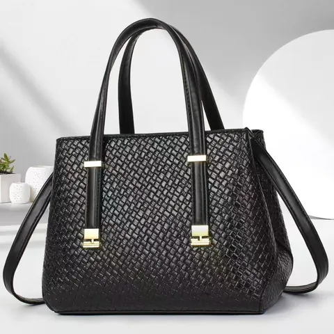 Borsa a Mano in Pelle PU alla Moda per Donna Trama Intrecciata Grande Capacità Borsa a Tracolla con Decorazione in Metallo Oro