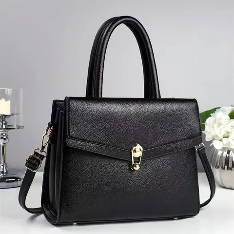 Women Litchi Grain PU Leather Handbag Large Capacity Commuter Shoulder Bag With Golden Lock And Adjustable Strap Flap Tote