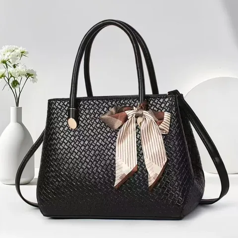 Women's PU Leather Handbag With Weave Texture And Decorative Scarf Bow Chic Top Handle Bag Crossbody Shoulder Purse For Ladies