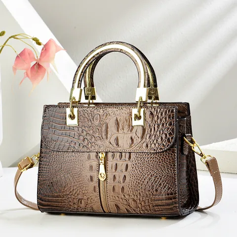 Sac à Main Femme Motif Crocodile en Cuir PU Élégant Grande Capacité Sac Bandoulière Poignée en Métal Sac Fourre-tout Simple