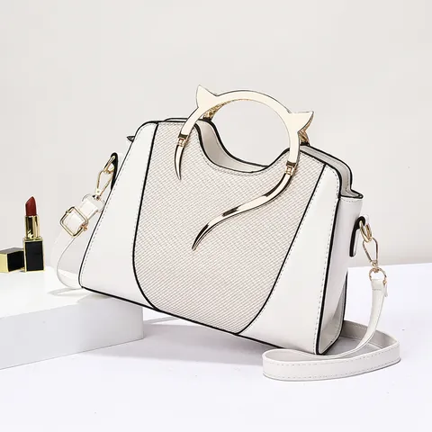 Elegant Cat Ear Metal Handle Shell Bag Women PU Leather Woven Texture Splicing Crossbody Bag Fashion Handbag For Women