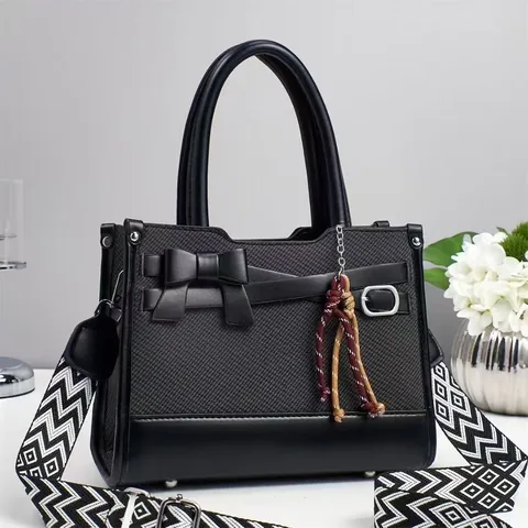 Elegant PU Leather Woven Handbag For Women With Bow Knot Tassel Wide Geometric Strap Shoulder Crossbody Square Tote Bag