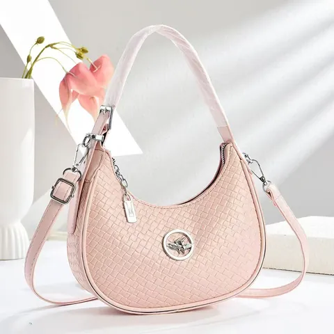 Sac Sous le Bras en Cuir PU Tissé Vintage pour Femmes Sac à Épaule Croissant à la Mode Avec Logo Oiseau en Métal