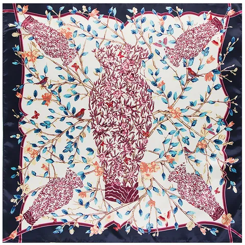 Elegante Bufanda Cuadrada de Satén para Mujer Estampado Floral Pájaro Jarrón Sensación de Seda Pañuelo Bandana Grande Accesorio