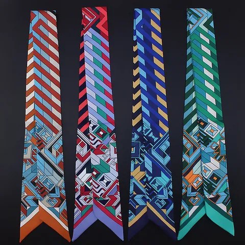 Women Geometric Striped Narrow Satin Silk Scarf Twilly For Bag Handle Ribbon Headband Neckerchief Fashion Accessories