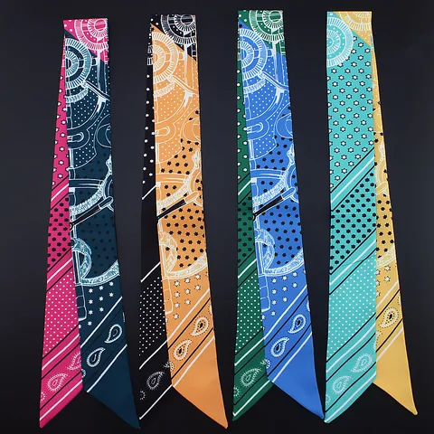 Damen Twilly Schal Satin Schmal Haarband Paisleymuster Stern Druck Tasche Griff Bandana Schal Mode Accessoire