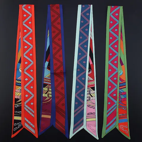 Women Retro Satin Skinny Scarf Geometric Equestrian Printed Narrow Scarf For Bag Handle Neck Tie Hair Band Elegant Twilly Accessory