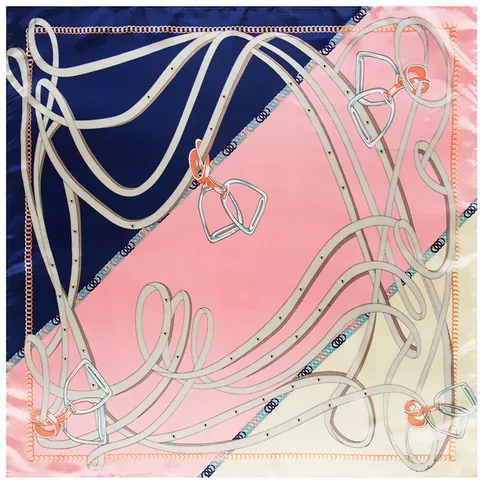Women's Elegant Satin Square Scarf Equestrian Horse Bit Chain Belt Pattern Vintage Silk Feeling Large Shawl Scarf Accessory