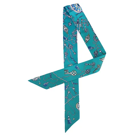 Vintage Key Tassel Print Satin Narrow Scarf For Women Luxury Silk-Like Twilly Handbag Handle Ribbon Headband Decorative Hair Tie