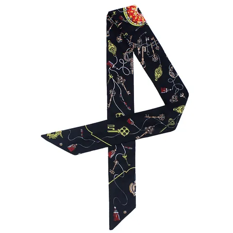 Vintage Key Tassel Print Satin Narrow Scarf For Women Luxury Silk-Like Twilly Handbag Handle Ribbon Headband Decorative Hair Tie
