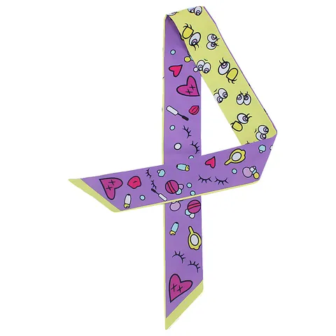 Women's Pop Art Cartoon Printed Double Sided Satin Twilly Scarf Narrow Hair Band Bag Handle Wrap Accessory Decorative Headband
