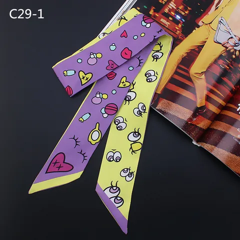 Women's Pop Art Cartoon Printed Double Sided Satin Twilly Scarf Narrow Hair Band Bag Handle Wrap Accessory Decorative Headband