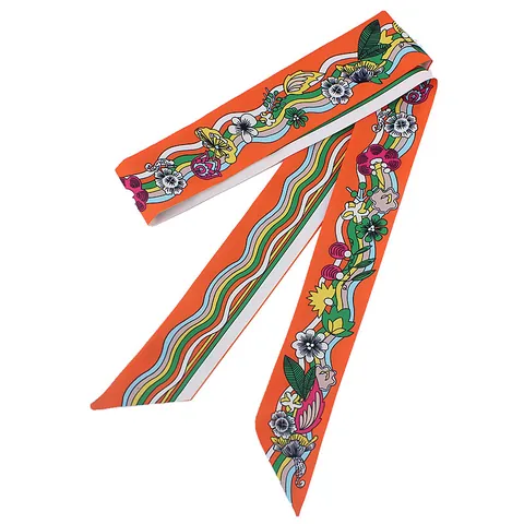 Fashion Women Satin Floral Narrow Scarf Twilly Wave Pattern Handbag Handle Wrap Hair Tie Neck Ribbon Scarf Ribbon For Bag