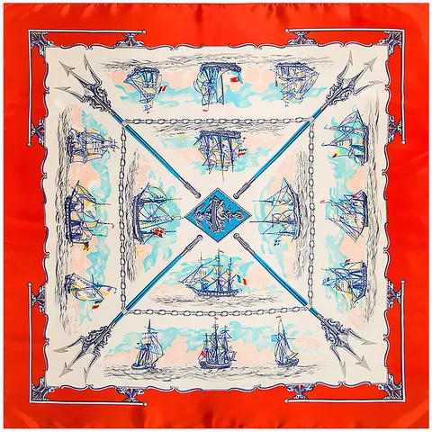 Women Large Satin Square Scarf Vintage Nautical Sailing Ship Print French Style Decorative Elegant Hair Neck Kerchief Shawl Accessory