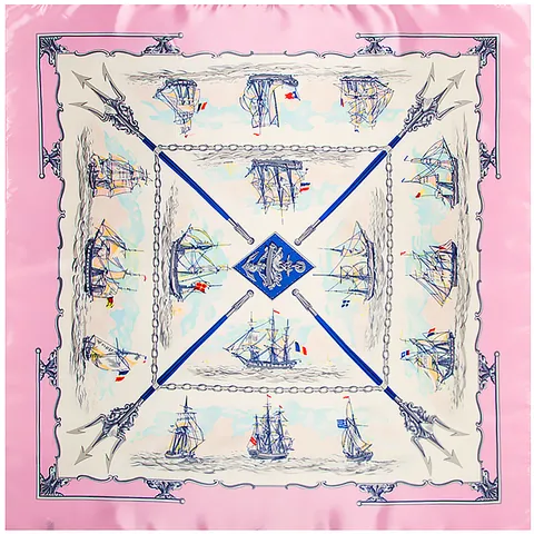Women Large Satin Square Scarf Vintage Nautical Sailing Ship Print French Style Decorative Elegant Hair Neck Kerchief Shawl Accessory