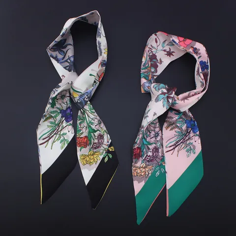 Écharpe Étroite Élégante en Satin Imprimé Fleuri pour Femmes Ruban de Poignée de Sac Bandeau Cheveux Accessoires Mode