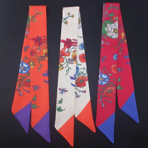 Women Floral Butterfly Print Satin Skinny Scarf Twilly For Hair Bag Handle Neck Tie Decorative Fashion Accessory Gift